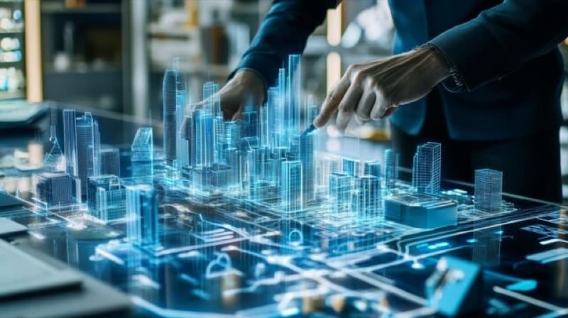 Professional reviewing a holographic 3D model of a city development